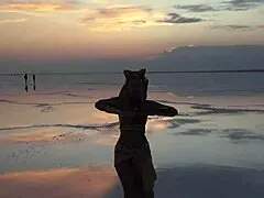 Pembe gökyüzü beyaz tuz olgun amatörlerin dansını sergiliyor