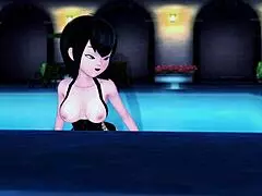 Mavis relaxes by the pool at Hotel Transylvania in this animated scene