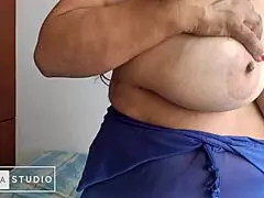 Raw Mature BBW with Big Tits Touches Herself in Blue Dress. Recording Every Sexy Moment in Bedroom.