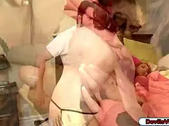 asian babe and stepmom share one cock in wild action