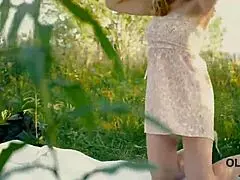 Beautiful Redhead with Glasses Rides Old Dick in the Woods