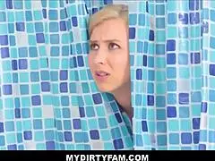 mydirtyfam - blonde milf stepmom stunned by big dick stepson popping through shower curtain - alice chambers