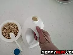 mommy titty fucks stepson with big fake boobs