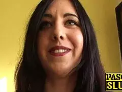 Amateur British brunette wife with hairy pussy masturbates using toys on the sofa