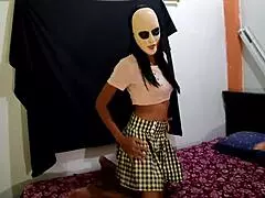 New brunette student says 'dance for me' before halloween sex