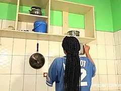 Pov caught in the kitchen early morning fingering herself. Neighbor jumps on that wet asshole for a public african anal bang.