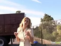 Blonde milf stops to help a black stud on the road