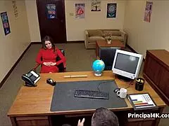 At the office, he eats out and fucks the hot milf while hidden cams spy.