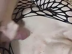 Filling the fishnet with cum from monster cock?