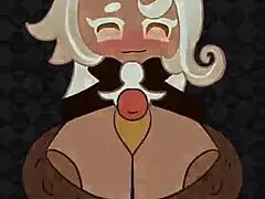 Latte cookie titfucks a big cock, receiving a cumshot.