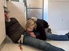 Hot wife blowjob to the plumber in the kitchen