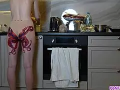 naked housewife with octopus tattoo on ass cooks dinner on kitchen and ignores you 😏