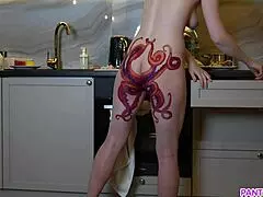 naked housewife with octopus tattoo on ass cooks dinner on kitchen and ignores you 😏