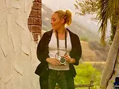 Curvy blonde milf babe snaps outdoor selfies in lingerie