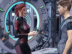 stranded in space holding hands with asian scientist milf in 3d