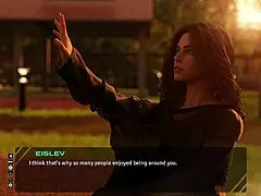 Stunning brunette in taboo hentai game discussing old days