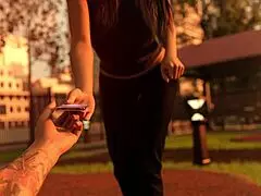 Stunning brunette in taboo hentai game discussing old days