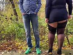 curvy mother-in-law slipped into stockings just for me. outdoor fun in nylon awaits.