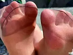 look at my cute nylon soles and toes by the riverside
