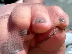 look at my cute nylon soles and toes by the riverside