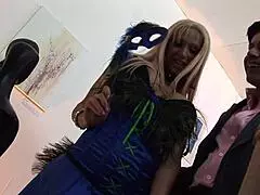 Elegant blonde milf with big tits gets drilled hard on the coach in heels