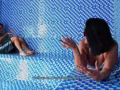 Big ASS Colombian MILF FUCKS young guy in PUBLIC SAUNA, CUM on her FACE - Kylei Ellish & Dani Clark