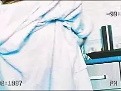 Watch this housewife in sexy stockings giving a handjob during her household chores sex tape.