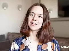 anca's shaved pussy gets a deep dildo pounding in solo german amateur session