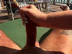 hot blonde babe delivers fast sloppy handjob on ocean terrace with stunning view