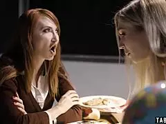 teacher orders stepmom to spank and punish teen 18+ stepdaughter in taboo lesbian session.