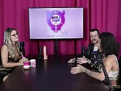 bruna carlos delivers intense handjob in sheer red fetish cuckold scene