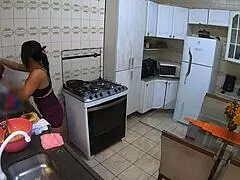 Cooking for my lover while my cuckold husband works, teasing with big tits and belly in the kitchen