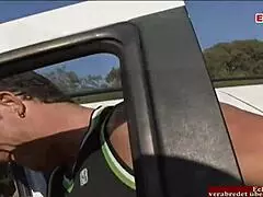 brunette milf with big boobs rides hard cock after street pickup.