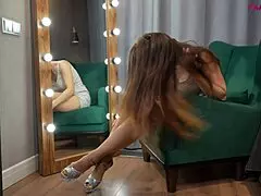 Kamilla, this pretty brunette, teases in her miniskirt and pantyhose, looking so hot.