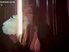 Italian Long Hair Big Tits MILF Artemisia Love Smokes Cigarette Intensely In Solo Session.