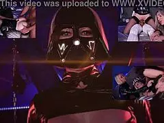 In a star wars parody, a babe awakens big cocks in a cosplay 4some, leading to missionary cumshots on big asses.