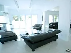 Marie Konno, Japanese MILF in stockings, gives blowjob on sofa leading to hardcore creampie.