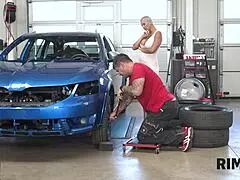 Dame with big boobs licks anus at car repair shop