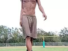 Beautiful black teacher with brown eyes enjoys workout in dorm