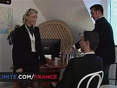 threesome at the office with a cougar in stockings riding and taking double