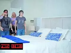 Step Mom Surprises Step Son with Blindfold Group Action in Wild 4some Session. They Go Hard on Teen Tits!