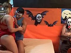 Chubby MILF rocks Halloween sex with big cock guys 😈🎃