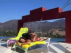 Intriguing contrast: dee starts with a sensual massage by the pool, then transitions to intense fucking, deepthroat, and assfucking in an outdoor interracial scene.