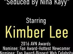 Pretty babe Kimber Lee tongue fucked by Sara Jay and Maggie Green in threesome.