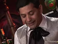 the amazing brunette maid moans while sucking and riding cocks on the sofa