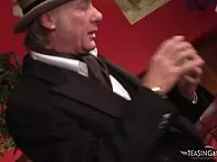 the amazing brunette maid moans while sucking and riding cocks on the sofa