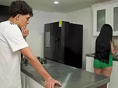 antonella jones gets confronted in the kitchen by tommy verga, gives wet blowjob, takes big cock in reverse cowgirl, intense standing fuck till face covered
