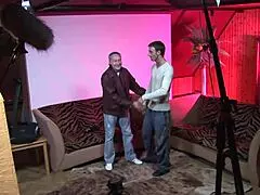 brunette mature slut gets fucked in a wild foursome with cumshot