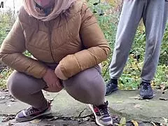 Depraved curvy milf in leggings squats down and pisses next to me?