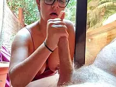 Holy crap, stepson flaunts huge cock on terrace, neighbors watching!